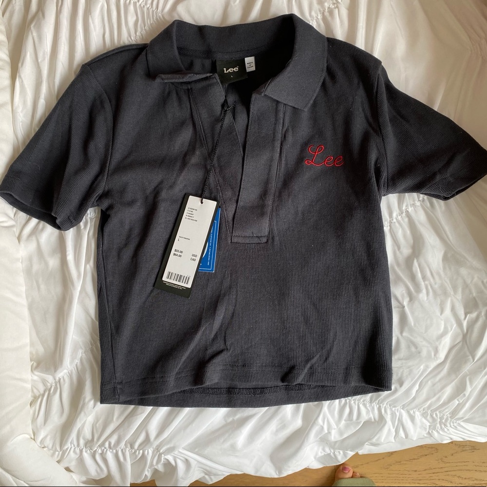 Lee navy collared polo tee with red embroidery
